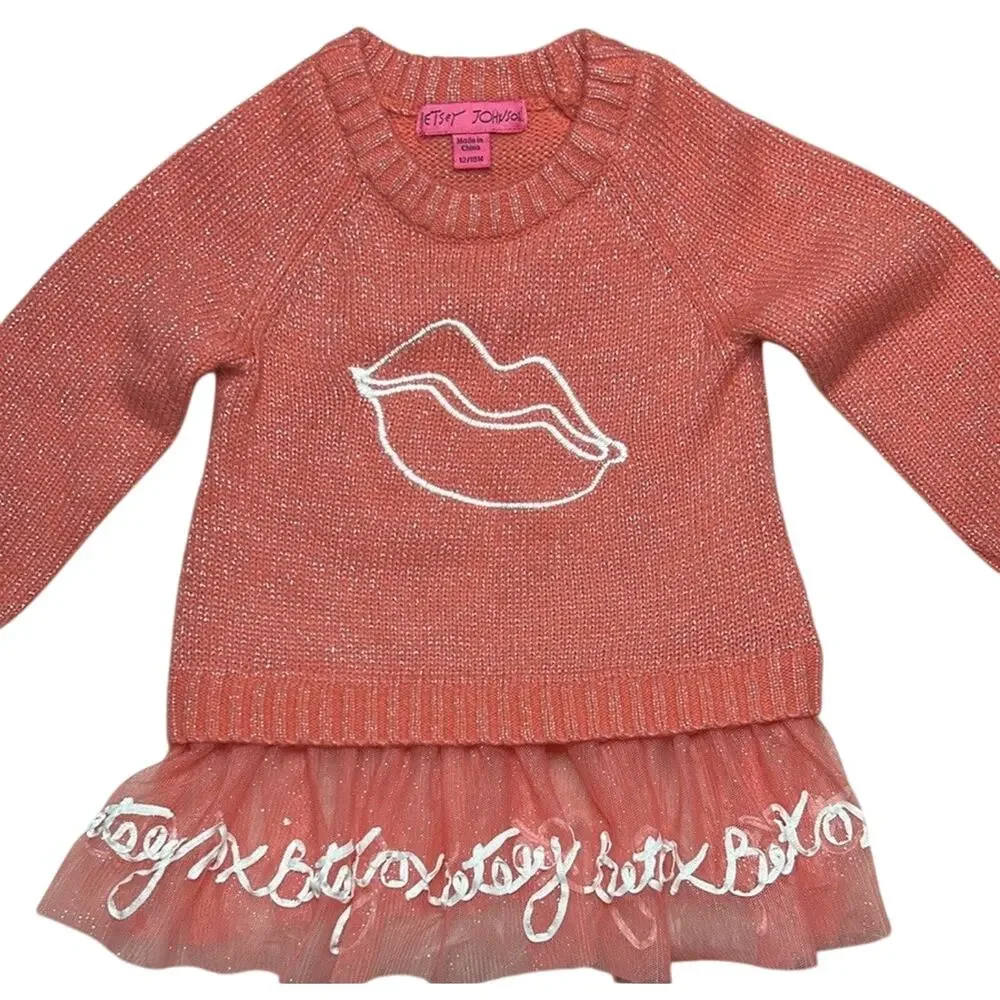BETSEY JOHNSON Peach Pink SPARKLES Glitter Sweater Dress Tutu Balletcore 12 18 M